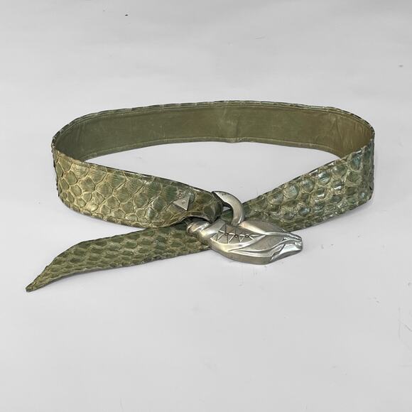 80s Snake Head Buckle Snakeskin Belt  Leather Vintage Giant Buckle Exotic Lthr - Picture 1 of 9